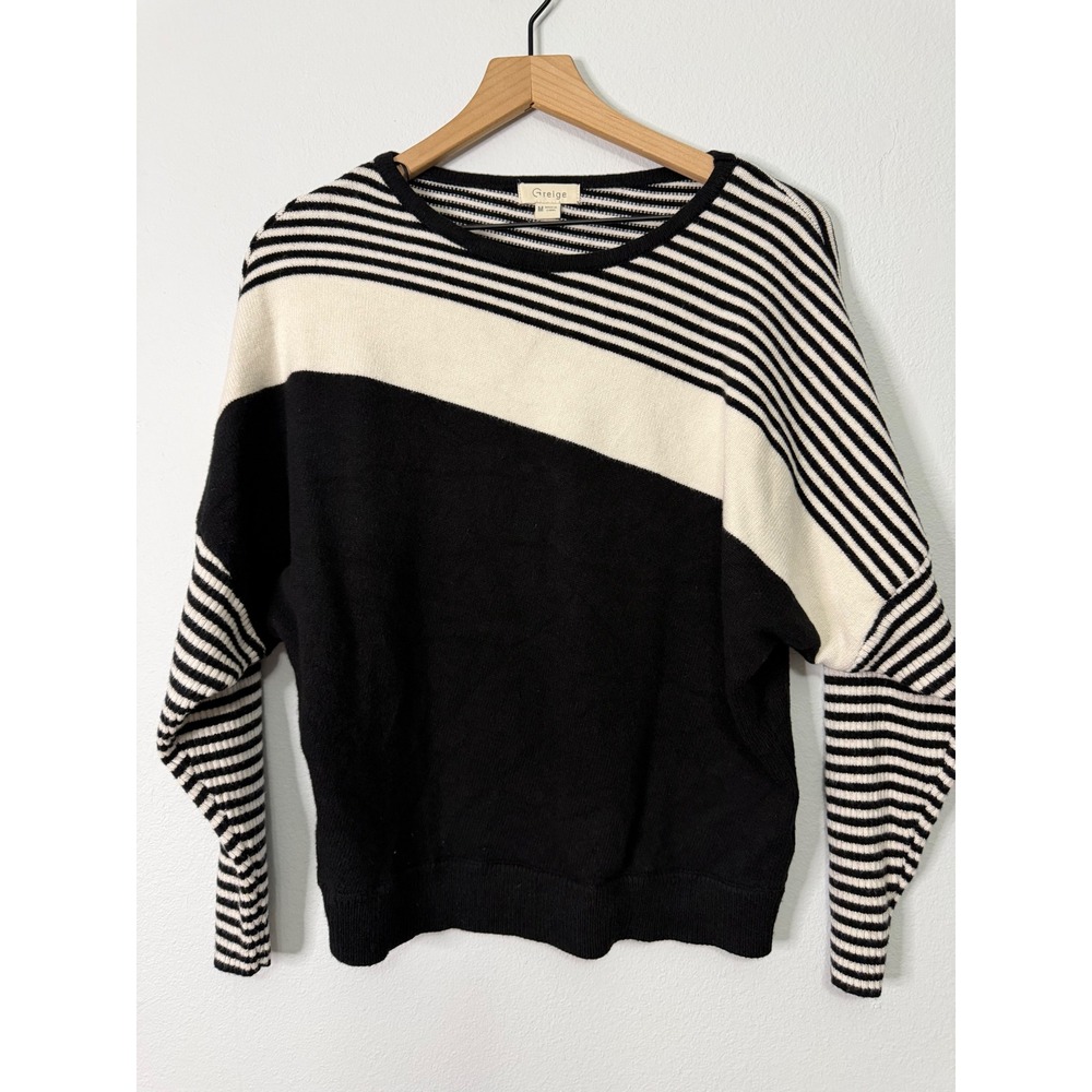 Greige - Black and White Striped Dolman Knit Sweater Women's Size Medium